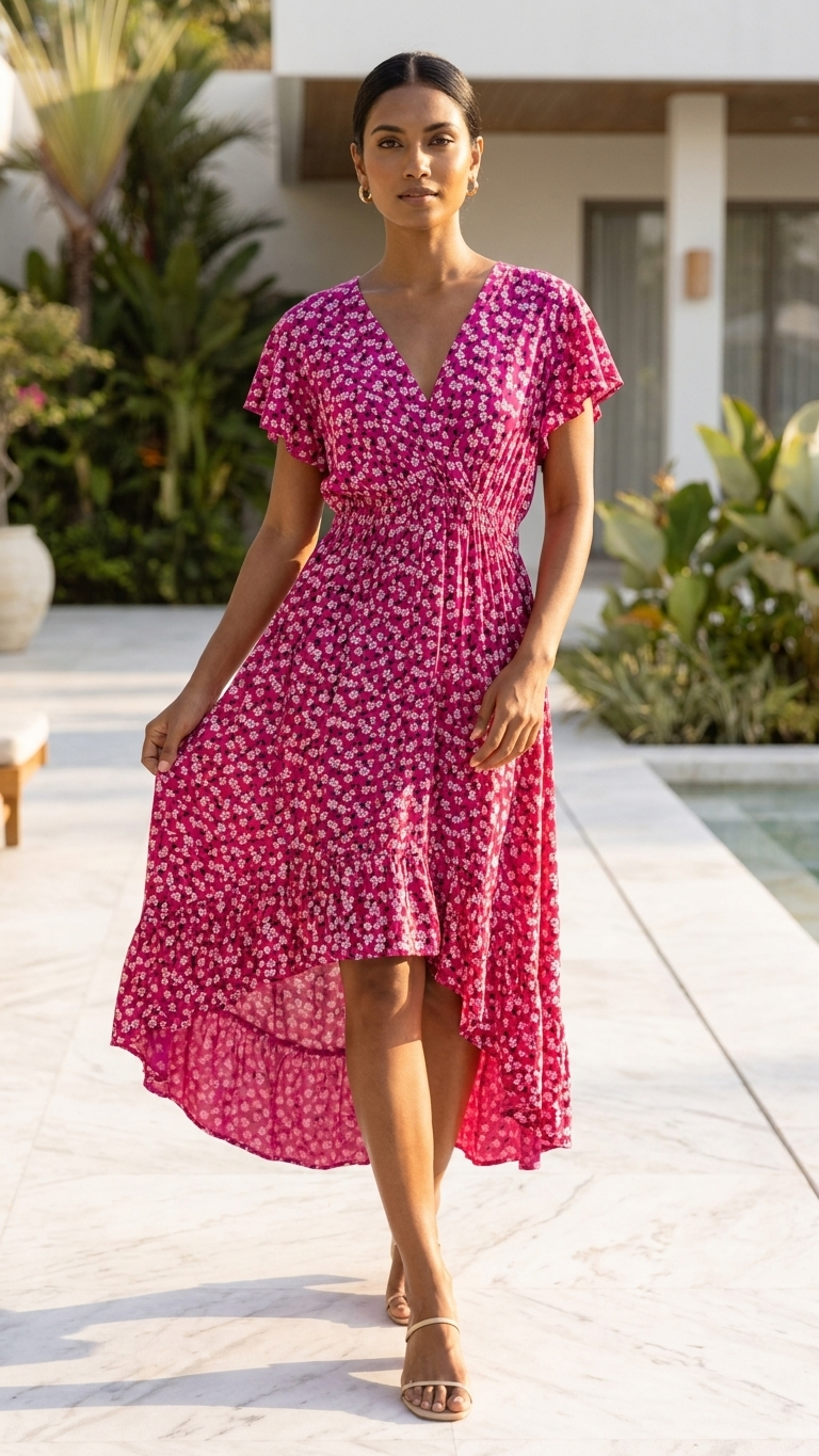 Italian Ditsy Daisy Wrap Dress — Soft Viscose, High-Low Hem | Made in Italy