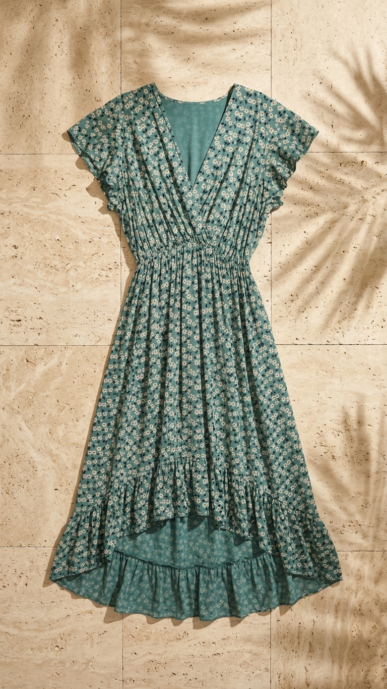 Italian Ditsy Daisy Wrap Dress — Soft Viscose, High-Low Hem | Made in Italy