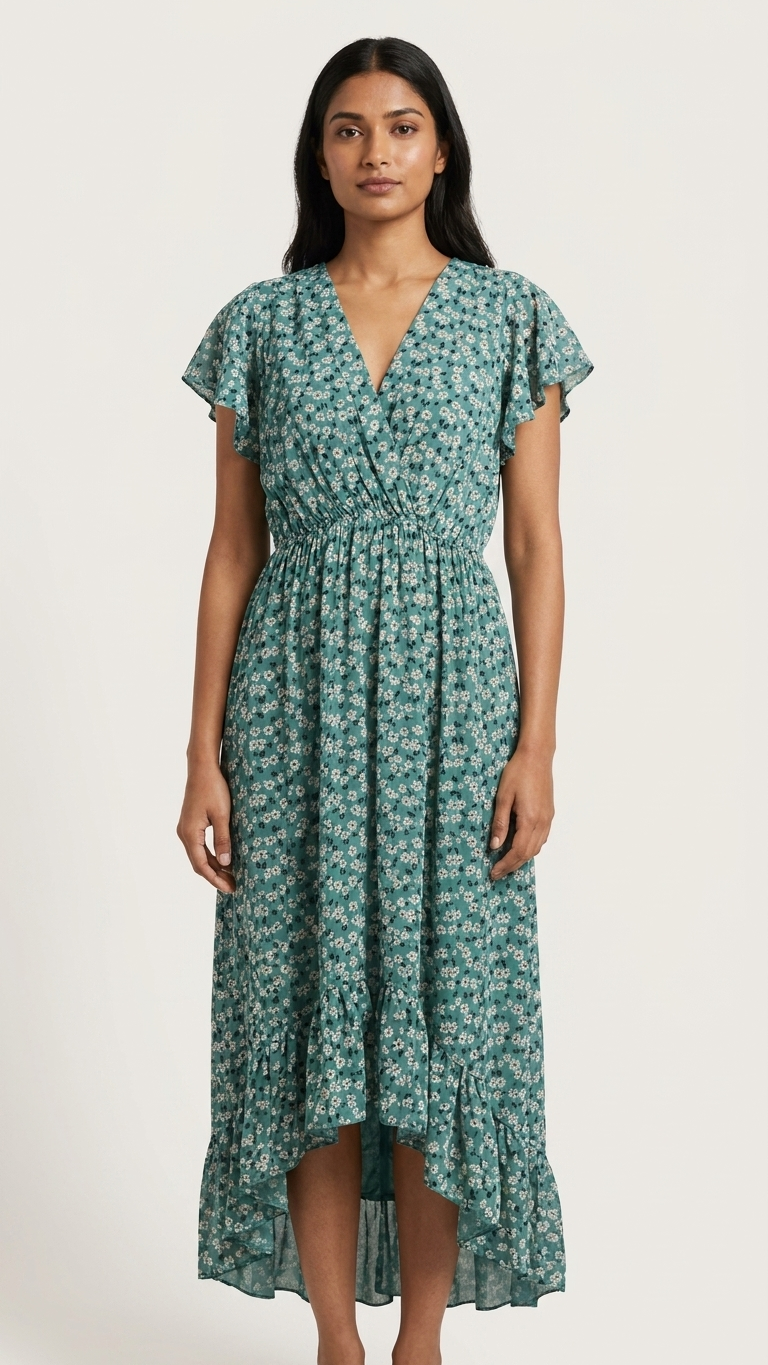 Italian Ditsy Daisy Wrap Dress — Soft Viscose, High-Low Hem | Made in Italy