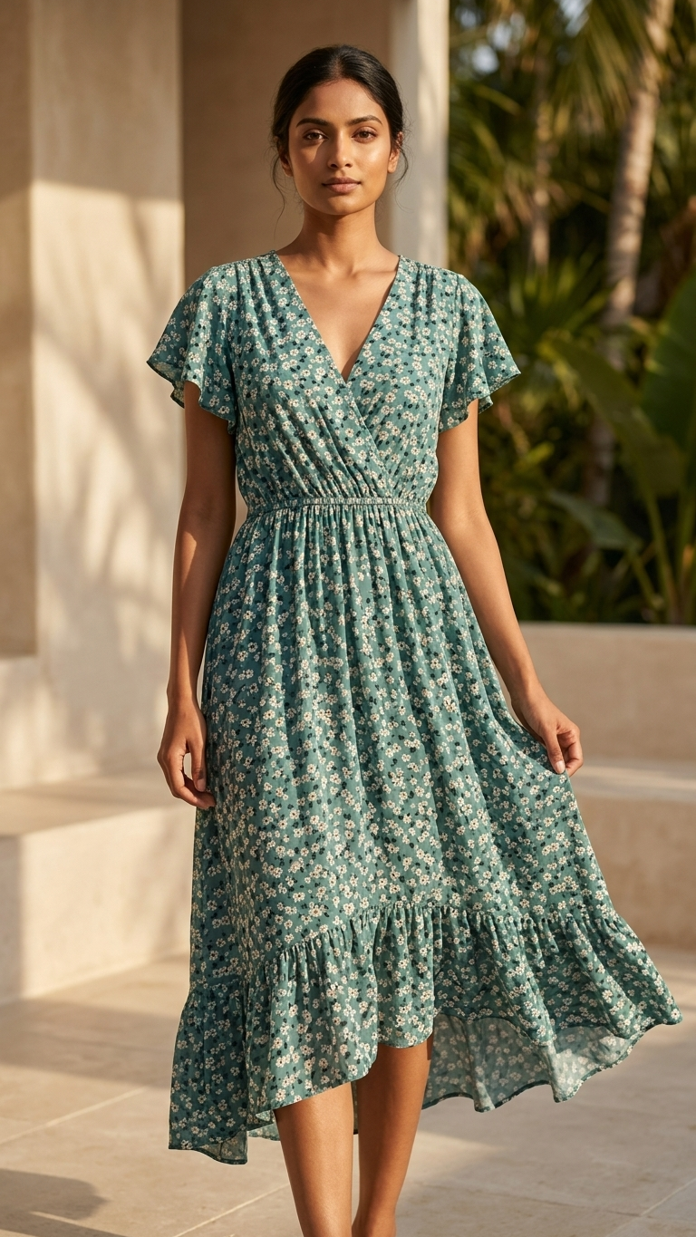 Italian Ditsy Daisy Wrap Dress — Soft Viscose, High-Low Hem | Made in Italy