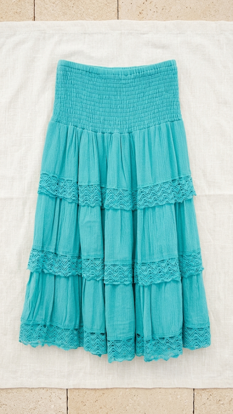 Aqua Tiered Crochet Lace Skirt — Smocked Waist, Knee Length
