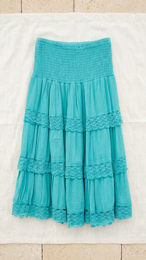 Aqua Tiered Crochet Lace Skirt — Smocked Waist, Knee Length