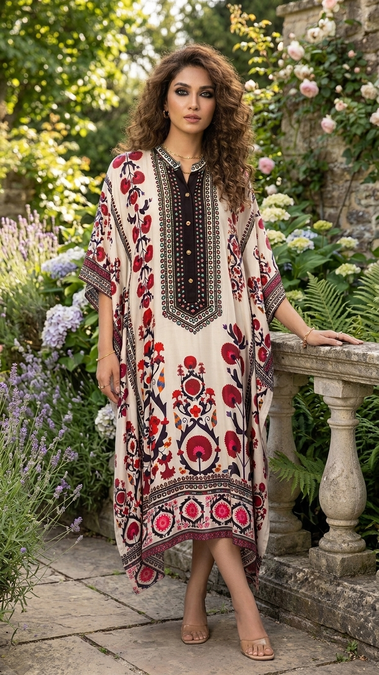 Suzani print Kftan Style Kurta set in Muslin Modal