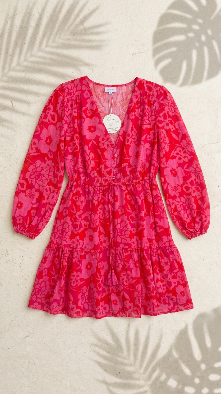 Pink/Red Floral Tiered Short length 37" long Dress
