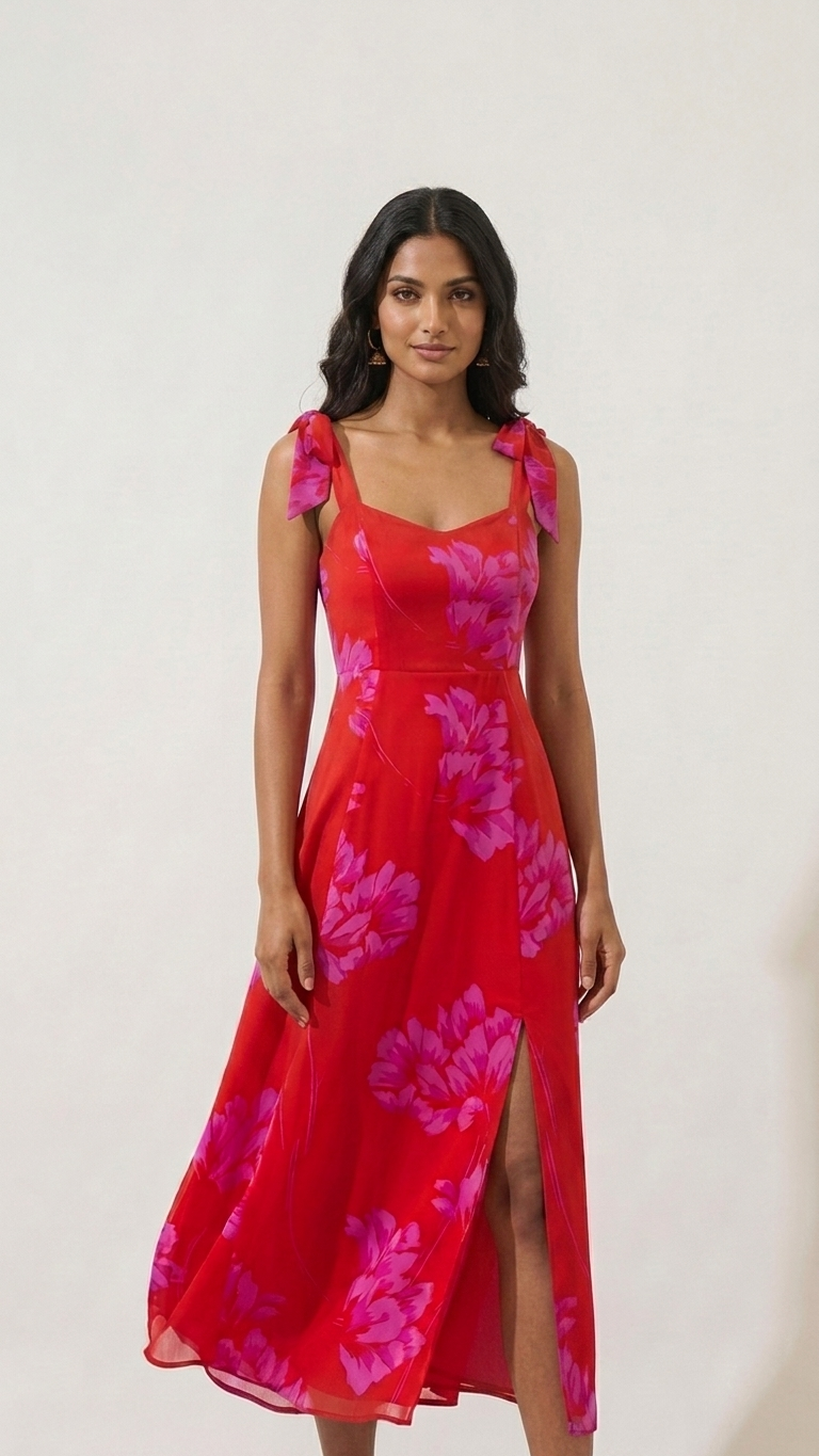 Red Floral Tie-Shoulder Midi Dress with Front Slit