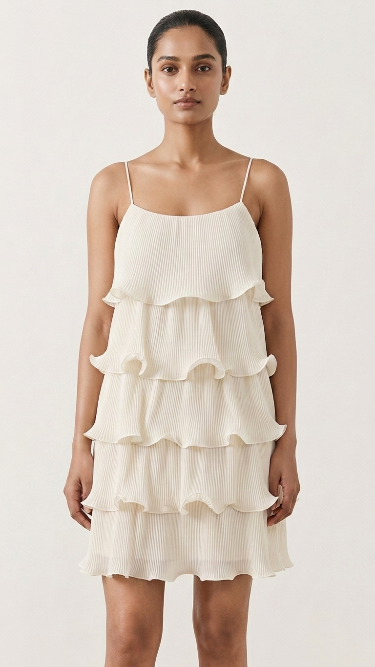 Ivory Tiered Ruffle Mini Dress — Ribbed Polyester, Scallop Edge, Spaghetti Straps