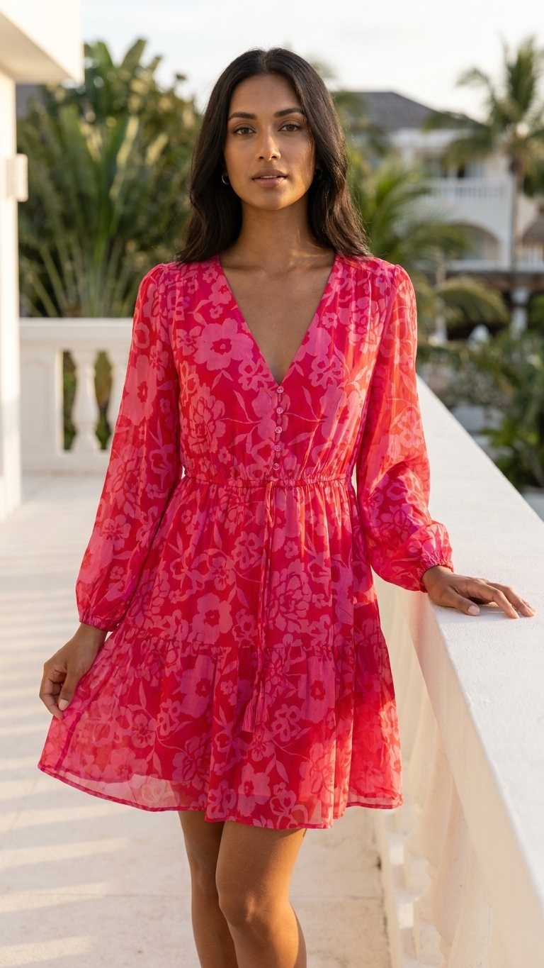 Pink/Red Floral Tiered Short length 37" long Dress