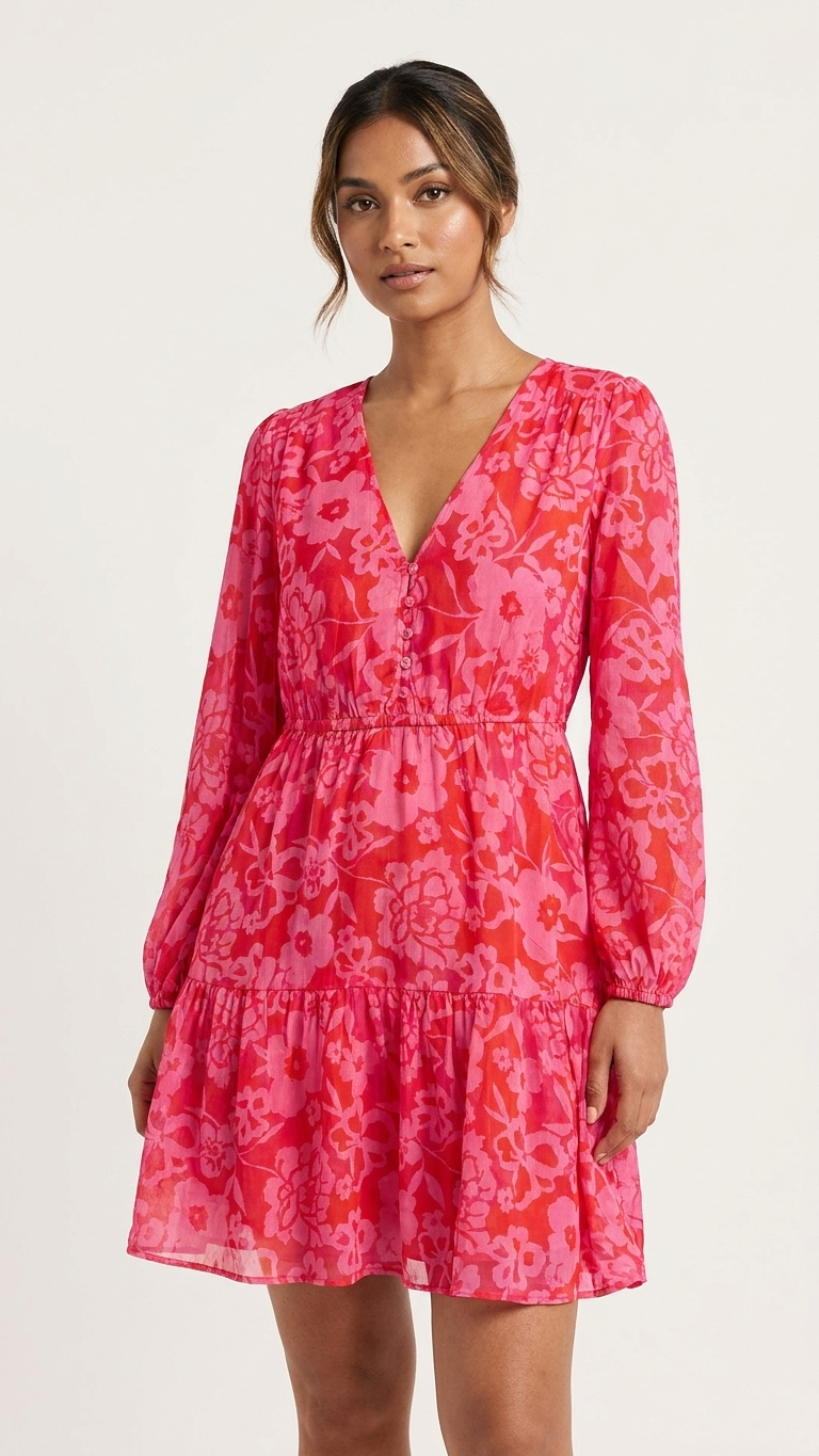 Pink/Red Floral Tiered Short length 37" long Dress