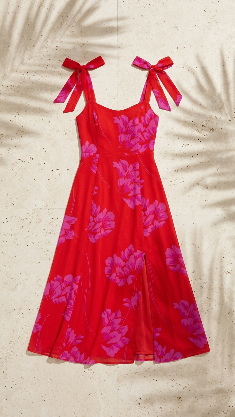 Sugarlips red and pink floral tie-shoulder midi dress flat lay
