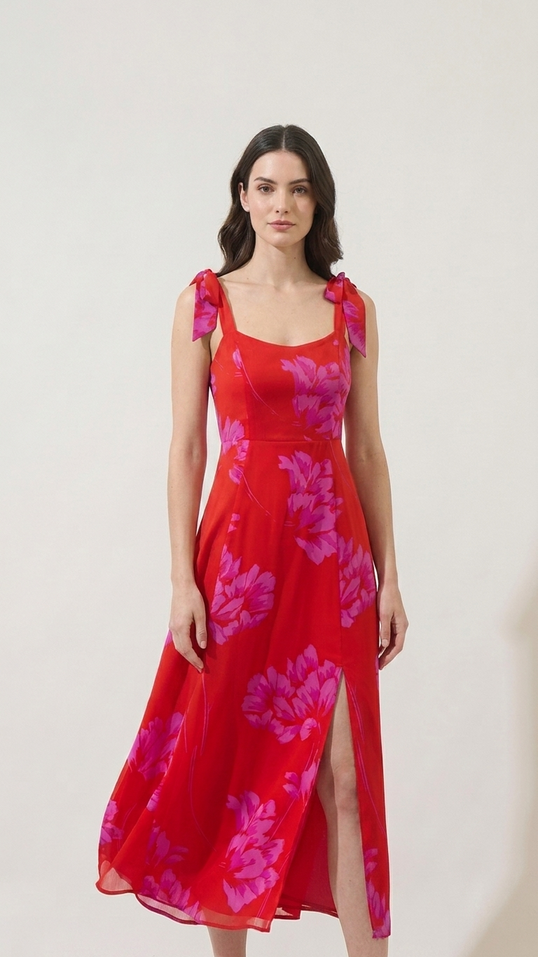 Red Floral Tie-Shoulder Midi Dress with Front Slit