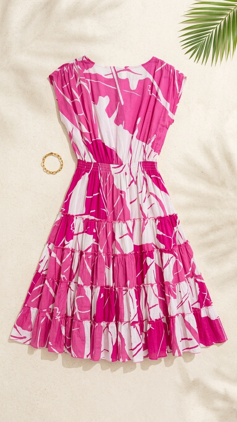 Pink Abstract Print Tiered Cotton Midi Dress, V-Neck