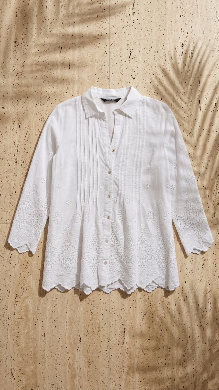 White eyelet embroidered tunic blouse flat lay showing scalloped hem detail