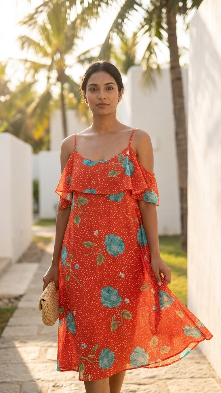 Orange teal rose floral cold-shoulder ruffle dress with hi-lo hem, styled with wicker clutch on a tropical path — Luxmee Global Fashion