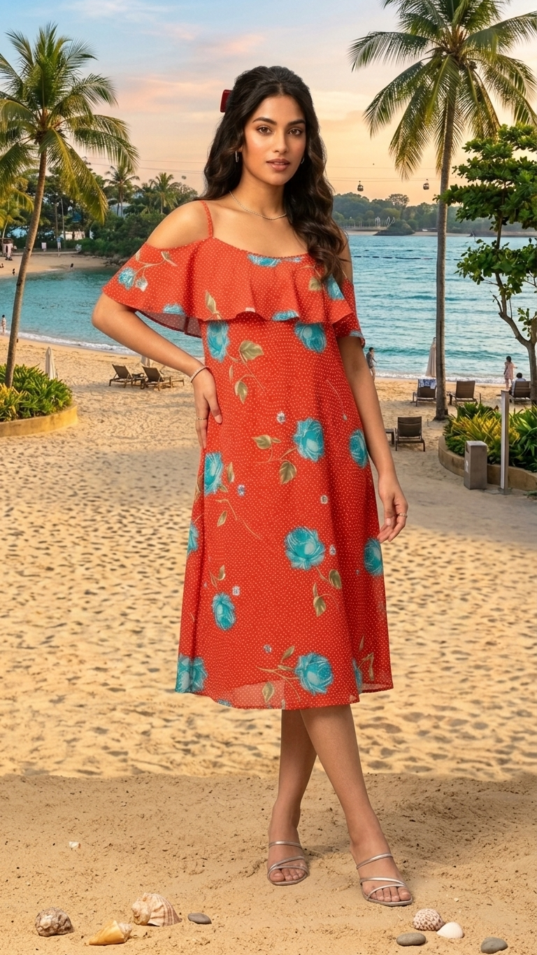 Orange Floral Cold-Shoulder Ruffle Dress | One Size Fits Up To UK 18 — Luxmee