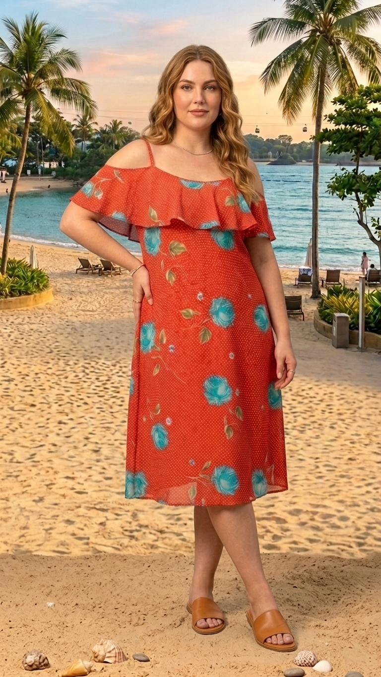 Orange Floral Cold-Shoulder Ruffle Dress | One Size Fits Up To UK 18 — Luxmee