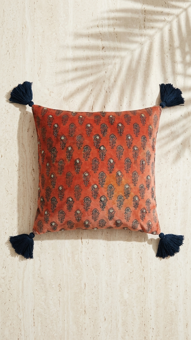 Rust orange  Velvet Block Print Cushion Cover | Bead Embroidery & Tassels — Luxmee