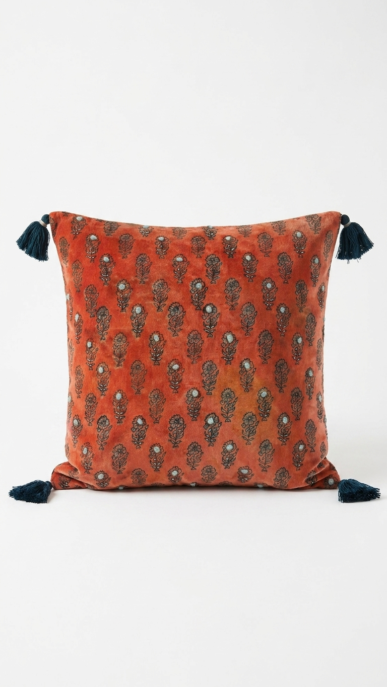 Rust orange  Velvet Block Print Cushion Cover | Bead Embroidery & Tassels — Luxmee