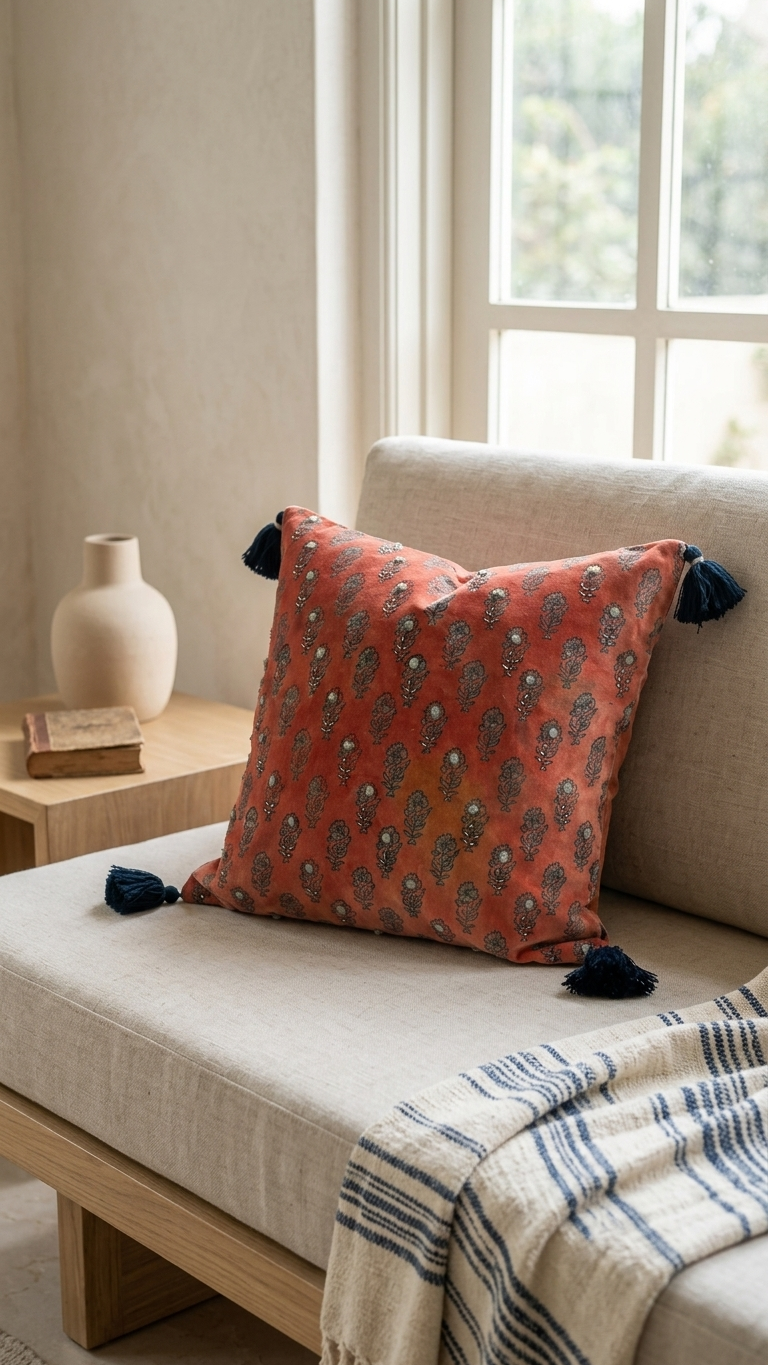 Rust orange  Velvet Block Print Cushion Cover | Bead Embroidery & Tassels — Luxmee