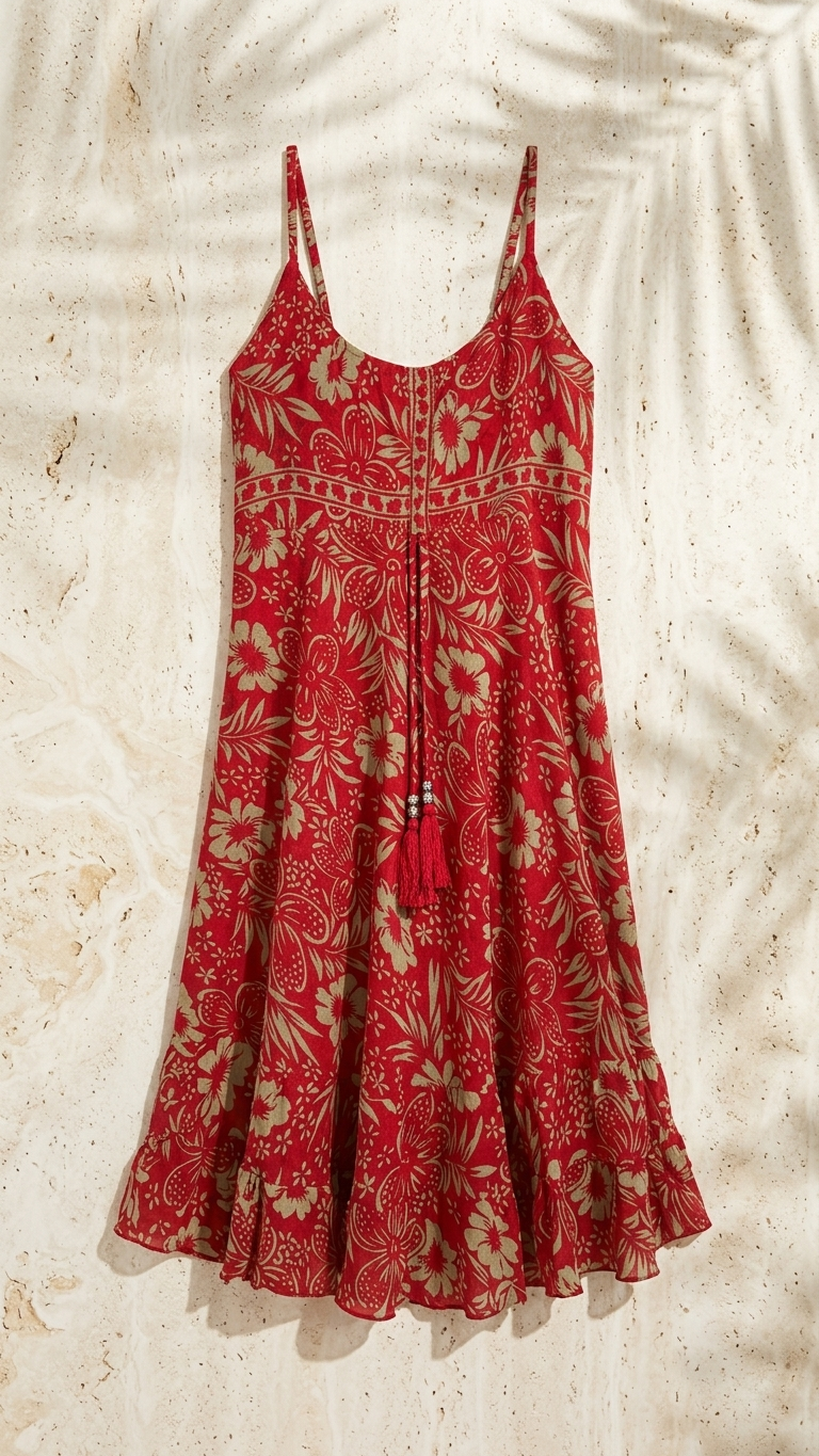 Red batik floral tassel-tie mini dress flat lay with beaded tassel detail