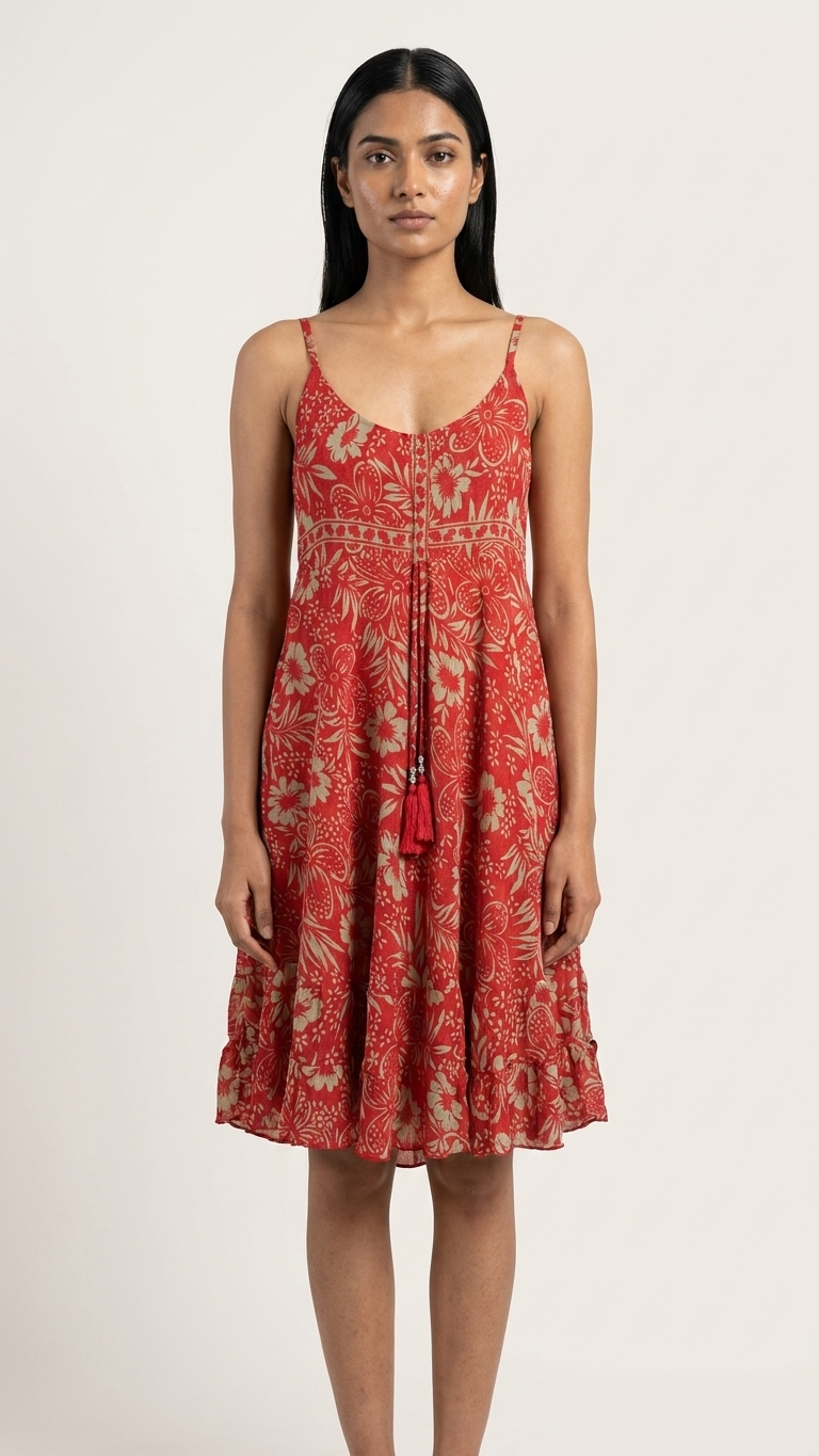 Red Batik Floral Tassel-Tie Smocked Short  Dress, One Size