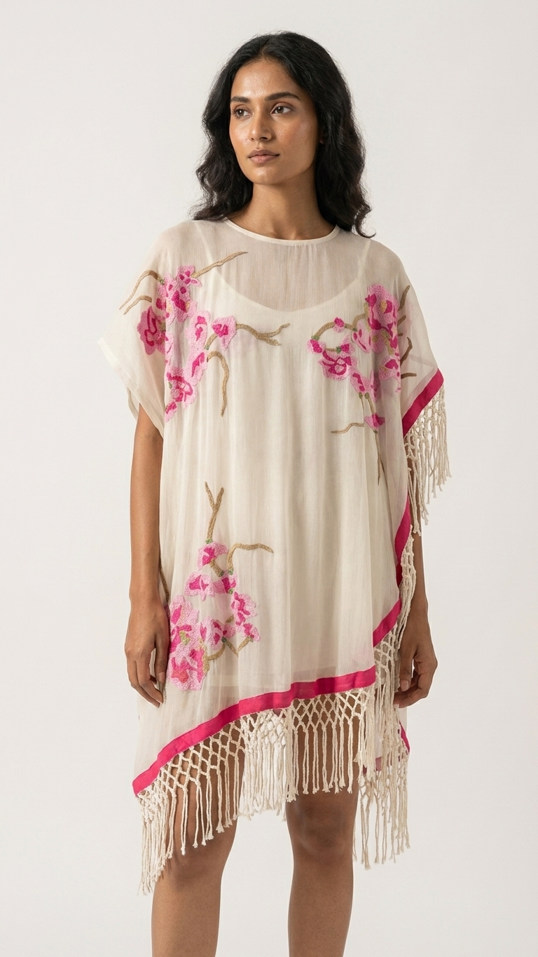 Embroidered Silk Georgette Fringe Poncho