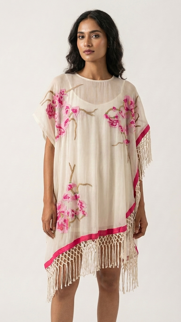 Embroidered Silk Georgette Fringe Poncho