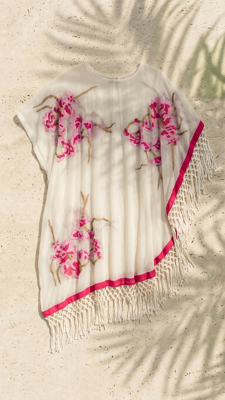 Embroidered silk georgette fringe poncho laid flat showing floral embroidery and macramé trim