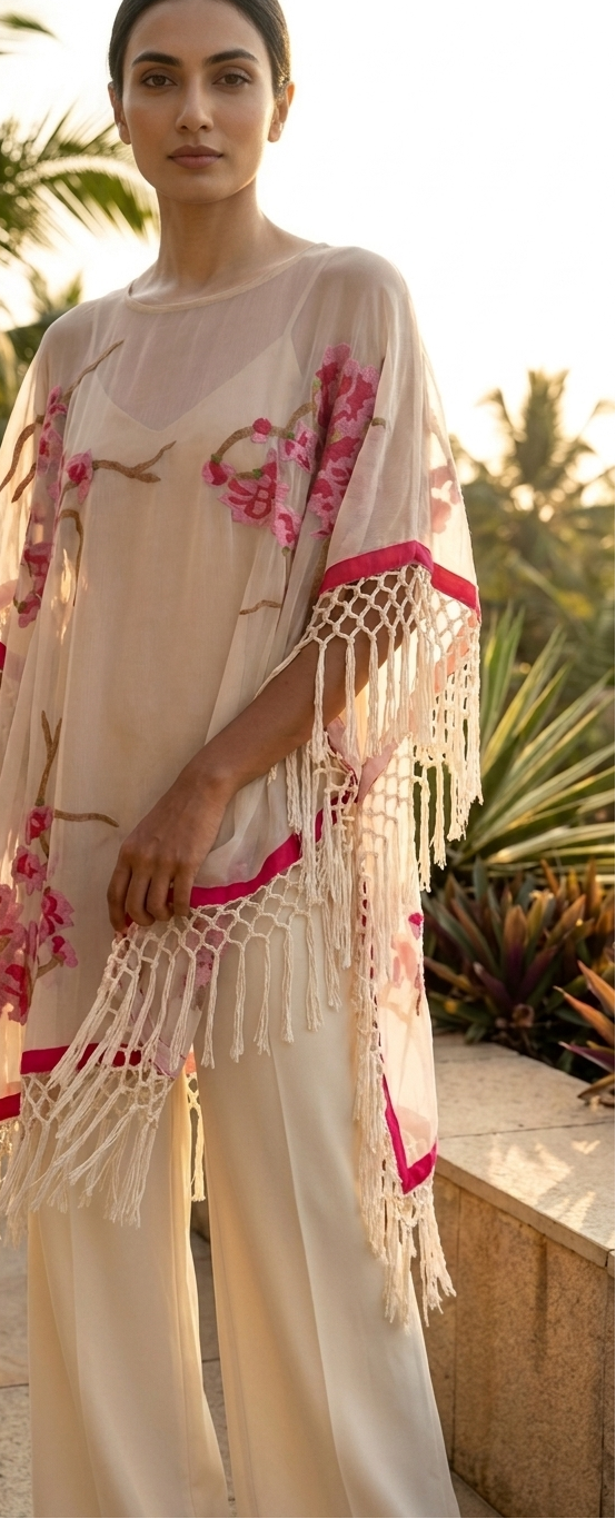 Woman wearing embroidered silk poncho with cream palazzo pants, front view
