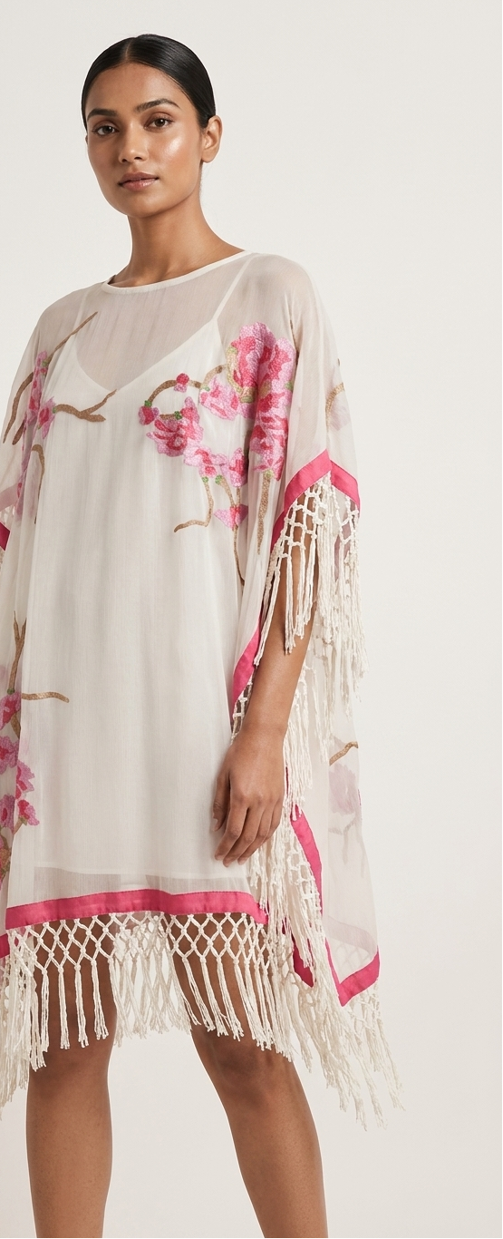 Embroidered Silk Georgette Fringe Poncho