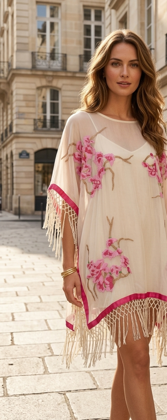 Embroidered Silk Georgette Fringe Poncho