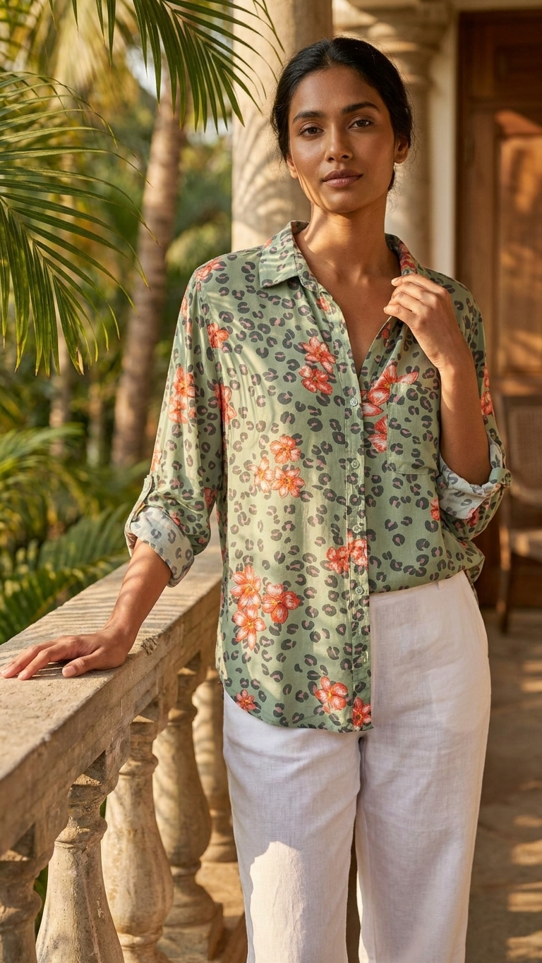 Model wearing rayon leopard floral shirt profile view resort casual