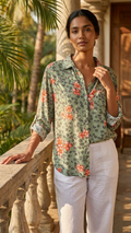 Model wearing rayon leopard floral shirt profile view resort casual