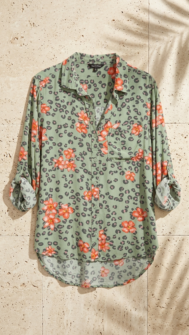 Sage leopard floral print rayon shirt flat lay - Velvet Heart