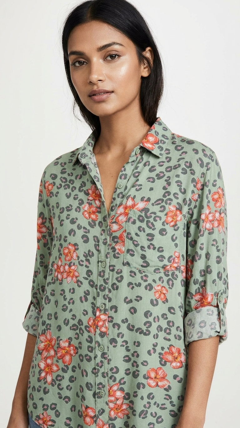 Woman wearing sage leopard floral rayon shirt close up front view