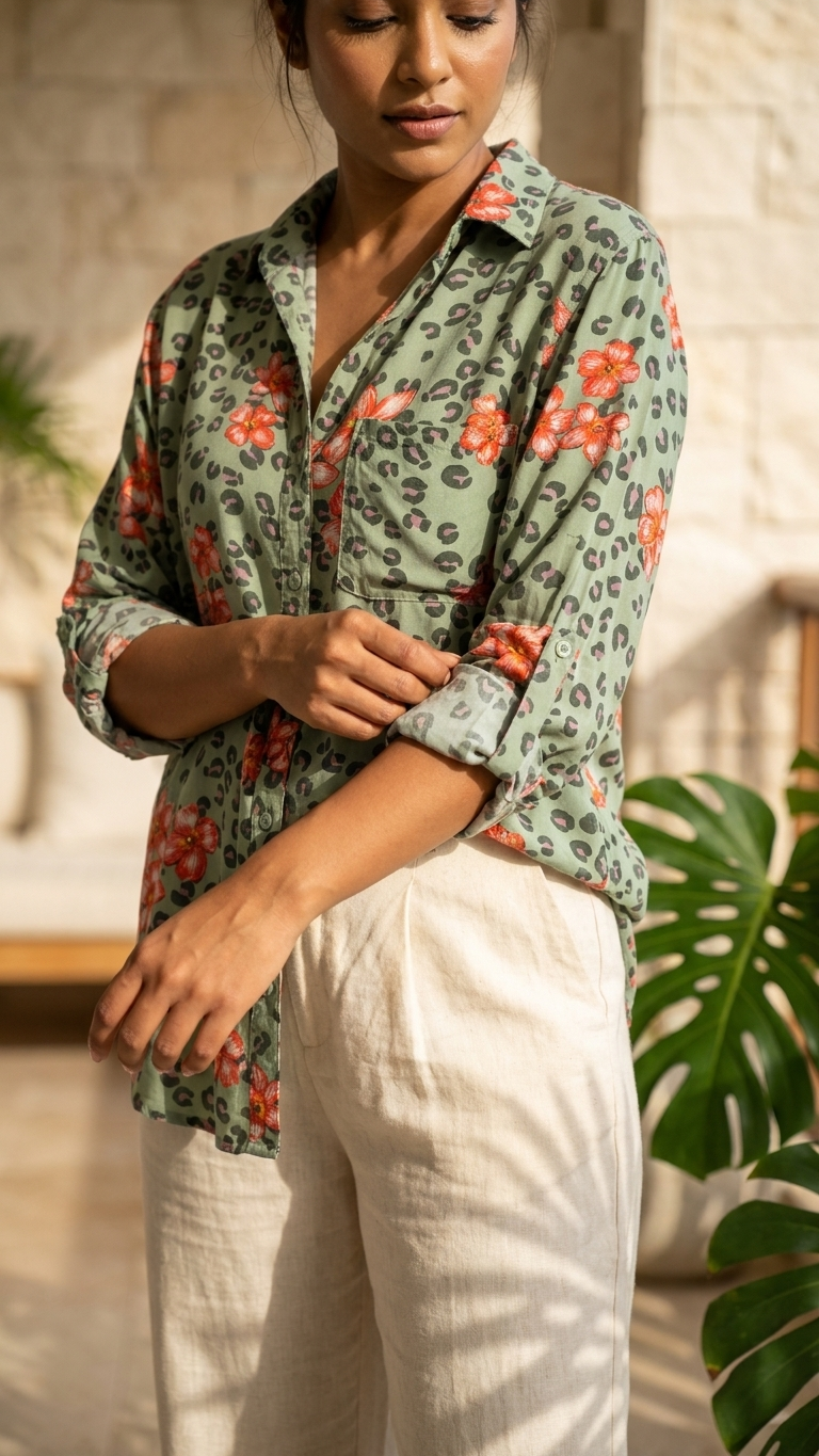 Sage Leopard Floral Print Rayon Shirt – Velvet Heart