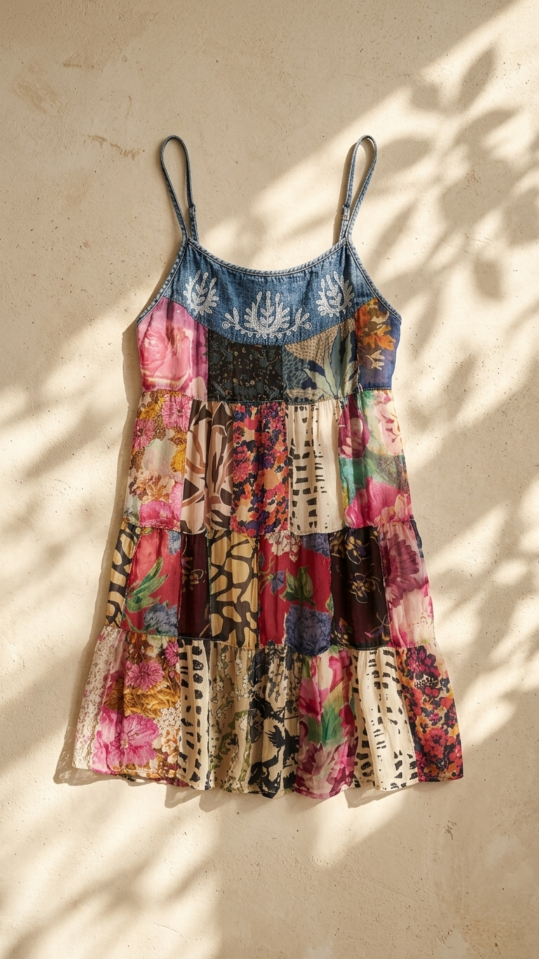 Boho patchwork mini dress flat lay warm pink tones