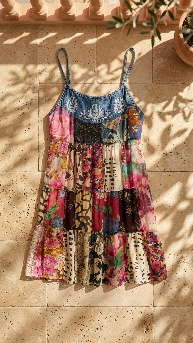 Global Nomadic  Patchwork Denim Georgette Mini Dress – Bestseller