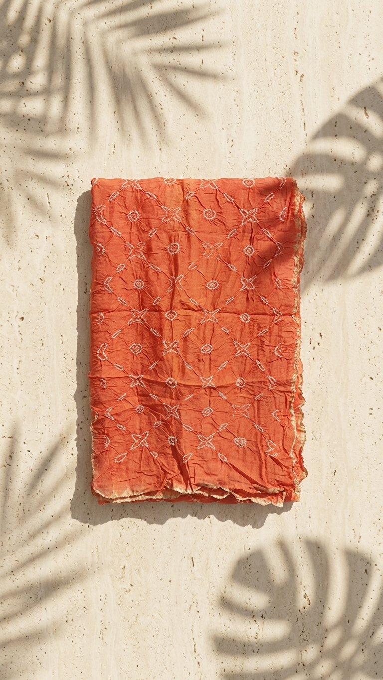 Folded rust orange bandhani silk scarf with dotted tie-dye pattern, flat lay with palm leaf shadows