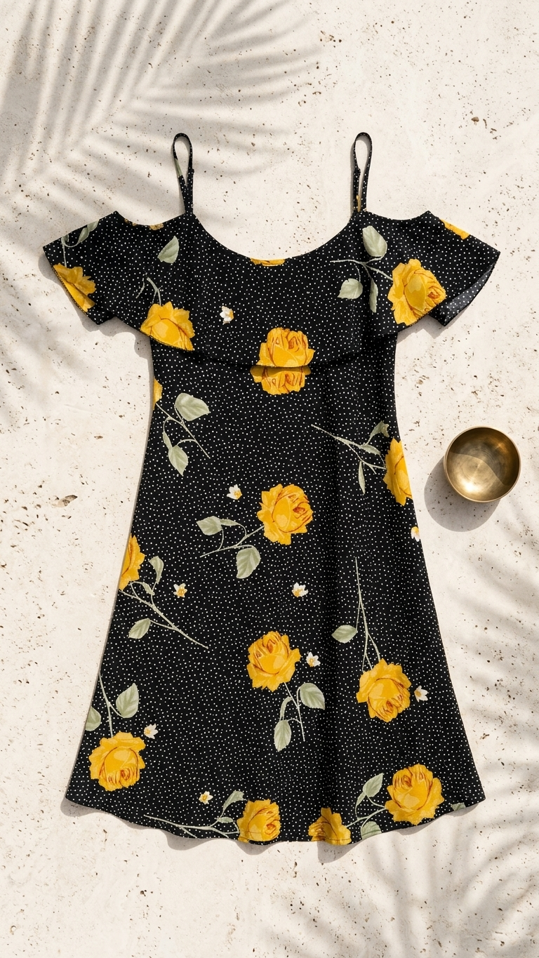 Yellow rose floral polka dot cold-shoulder resort dress flatlay