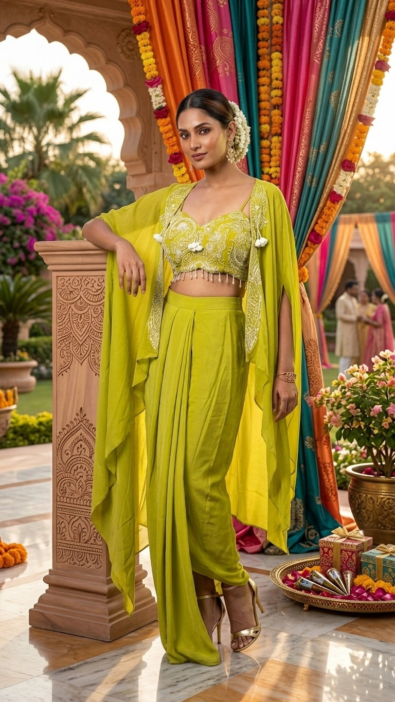 Lime Green 3-Piece Embellished Crop Top, Dhoti Skirt & Cape Set | Indo-Western Party Wear | Vegan Crepe