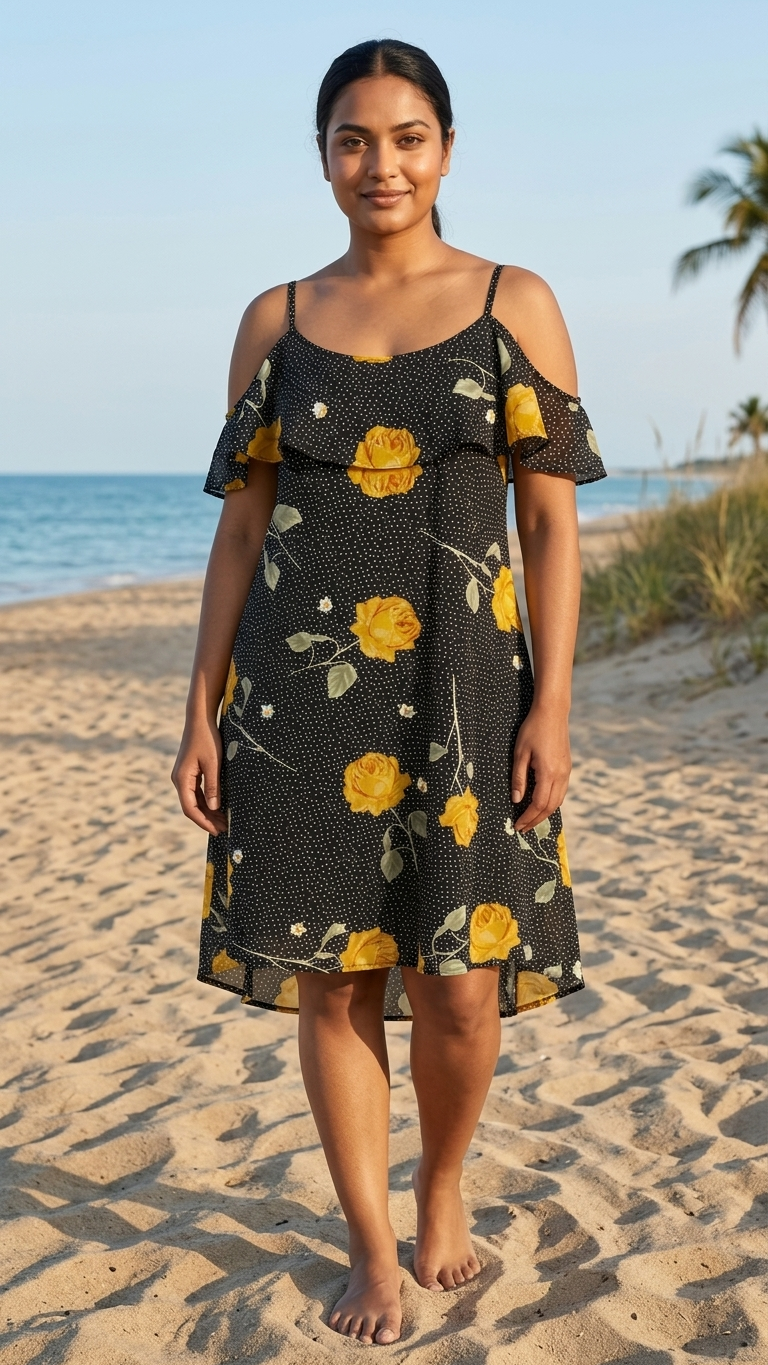 Model wearing yellow floral resort dress on beach at sunset
