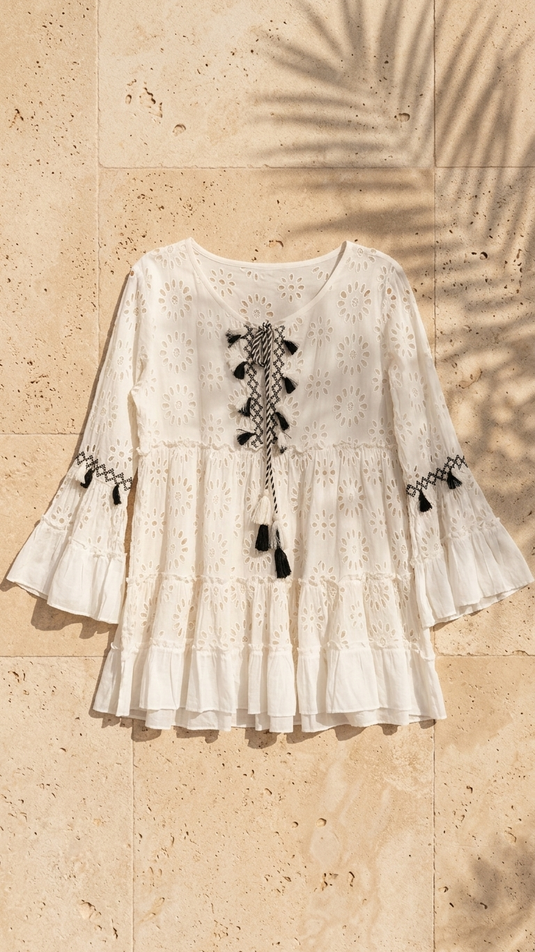 Ivory eyelet embroidered tunic top with tasseled tie-front flatlay
