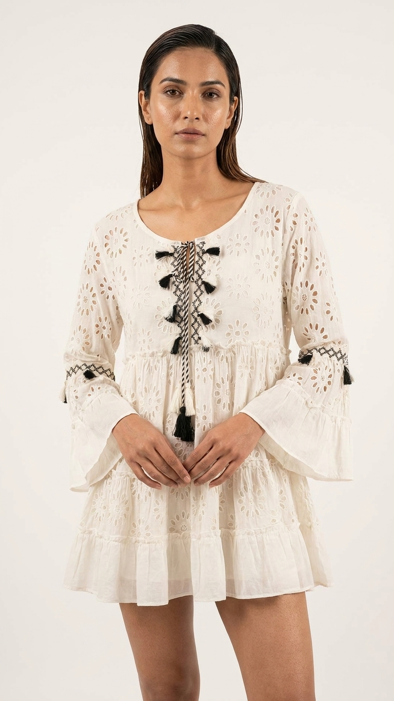 Model wearing ivory eyelet tunic top with tassel tie detail