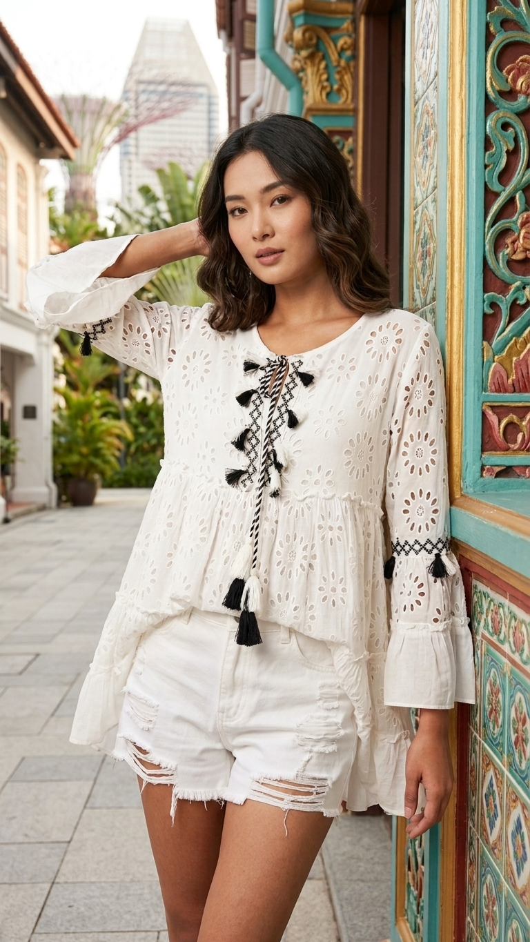 Model wearing eyelet tunic top with white shorts in Singapore heritage setting