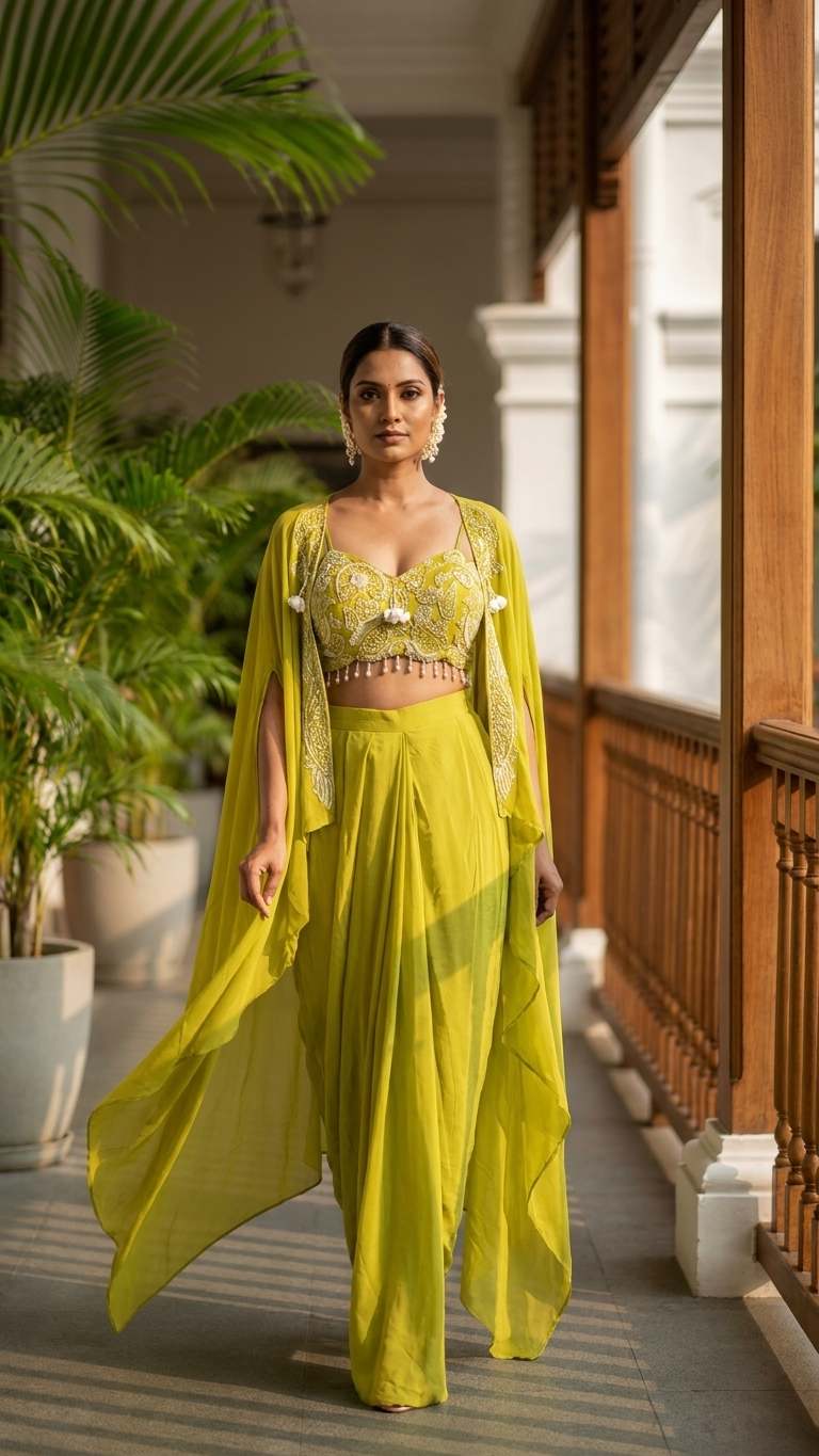 Lime Green 3-Piece Embellished Crop Top, Dhoti Skirt & Cape Set | Indo-Western Party Wear | Vegan Crepe