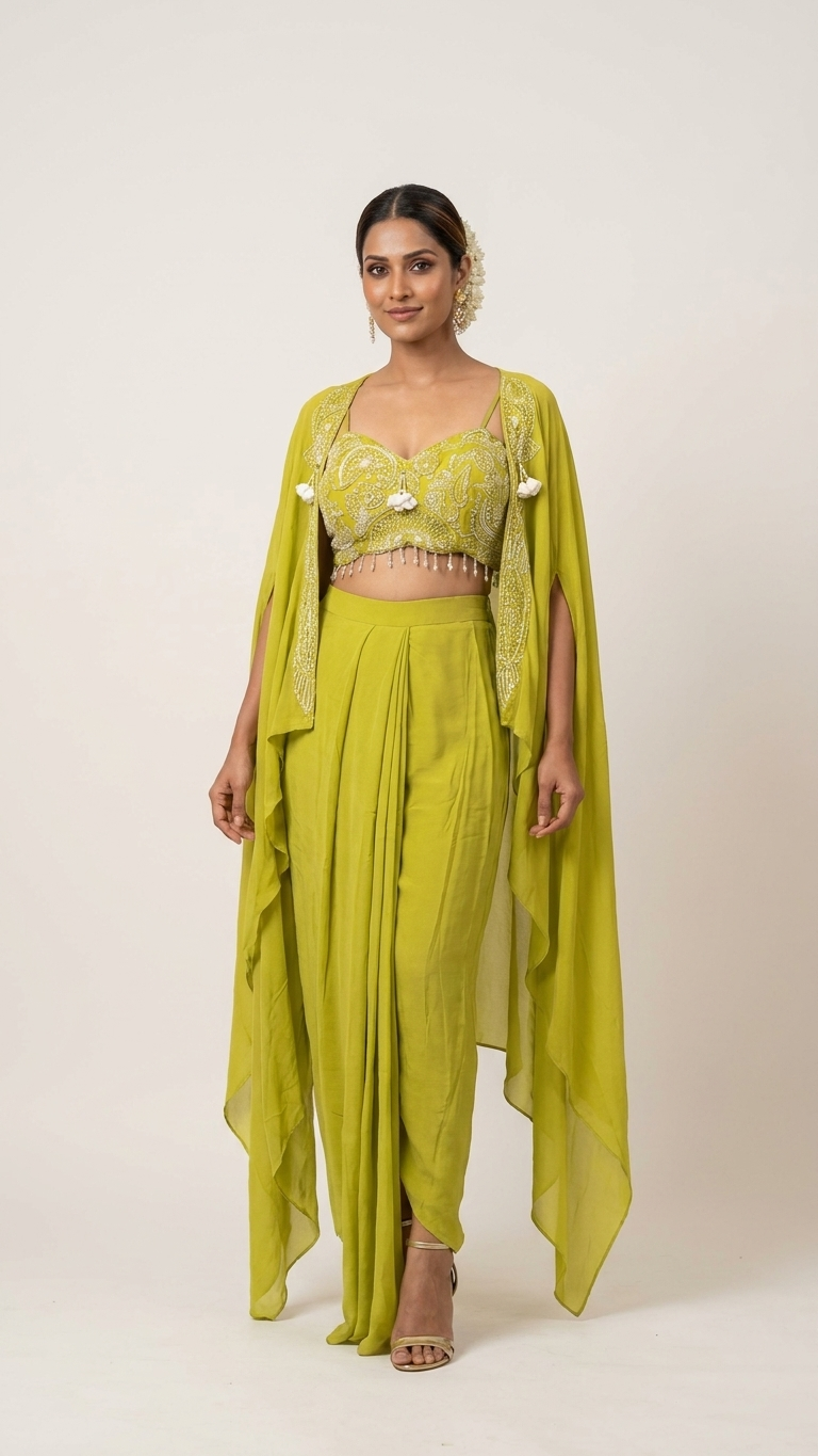 Lime Green 3-Piece Embellished Crop Top, Dhoti Skirt & Cape Set | Indo-Western Party Wear | Vegan Crepe