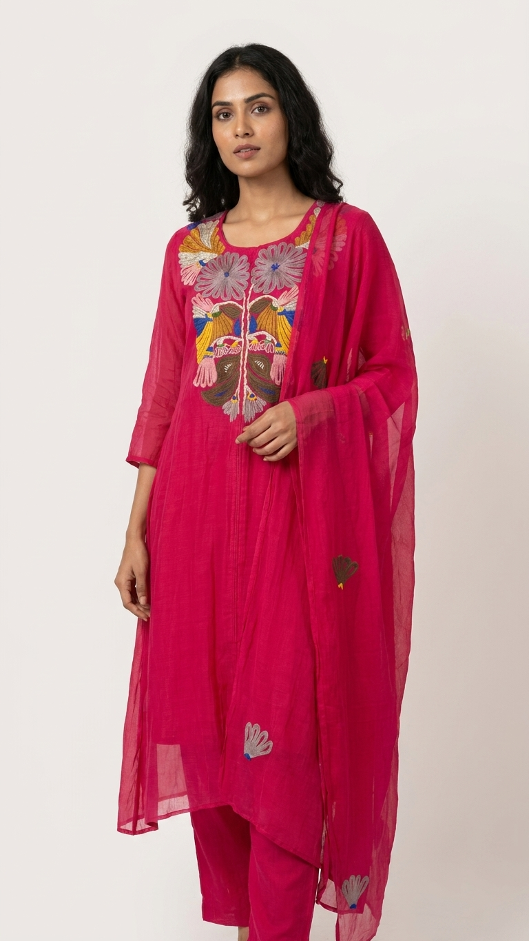 Model in rani pink kurta set with viscose pants, front view showing full silhouette