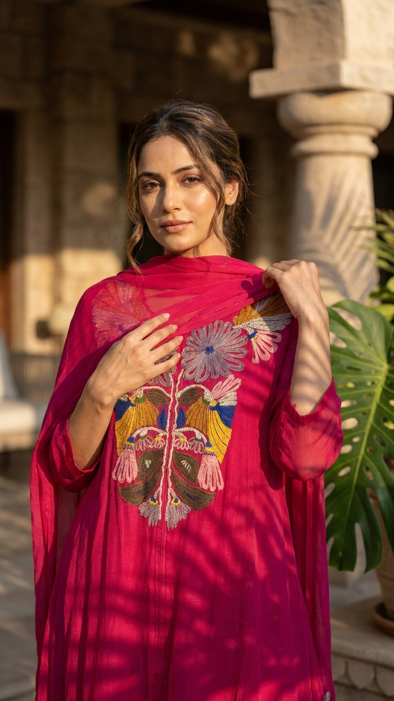 Close-up of model draping dupatta, highlighting applique threadwork detail