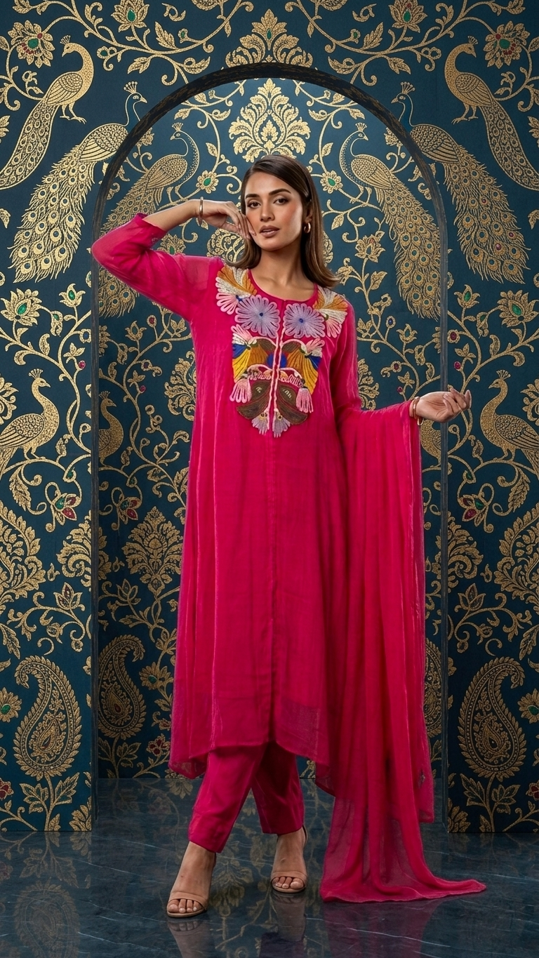 Rani Pink Chanderi Kurta Set with Bird & Floral Applique