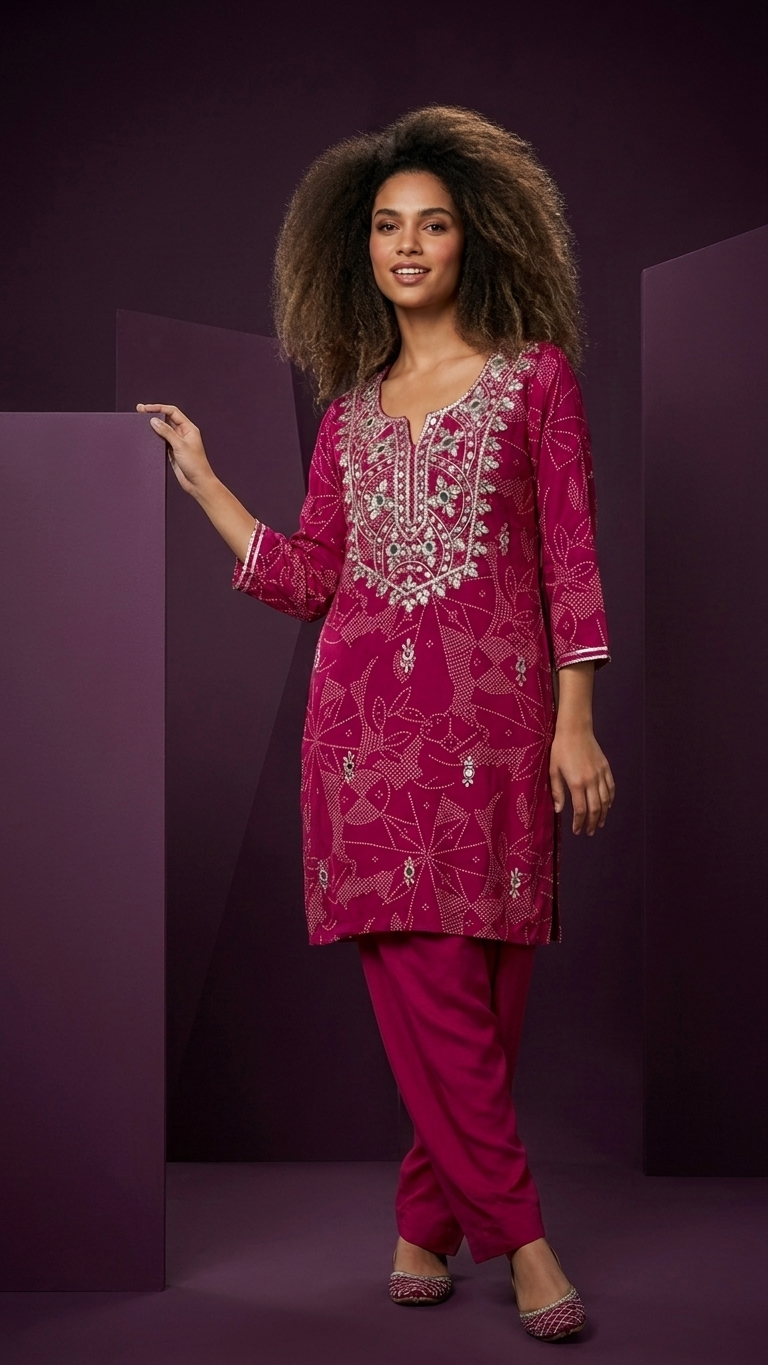 Magenta mirror-work kurta and farshi salwar co-ord, studio setting